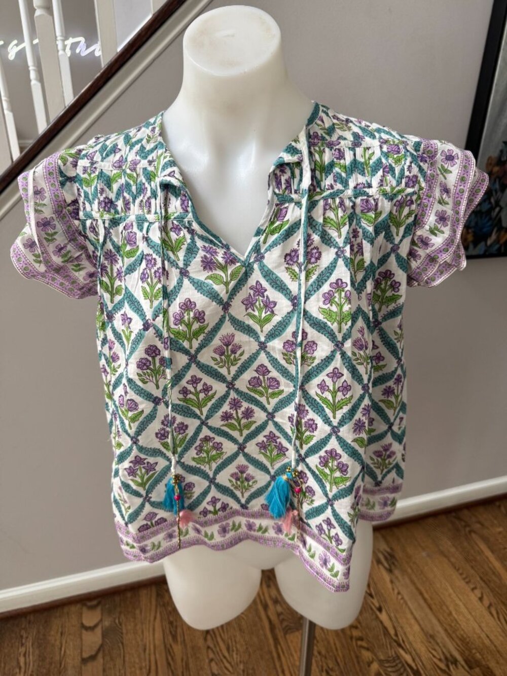 NWT BELL Alicia Bell Turquoise Purple Diamond Cotton Silk Top Blouse XS
